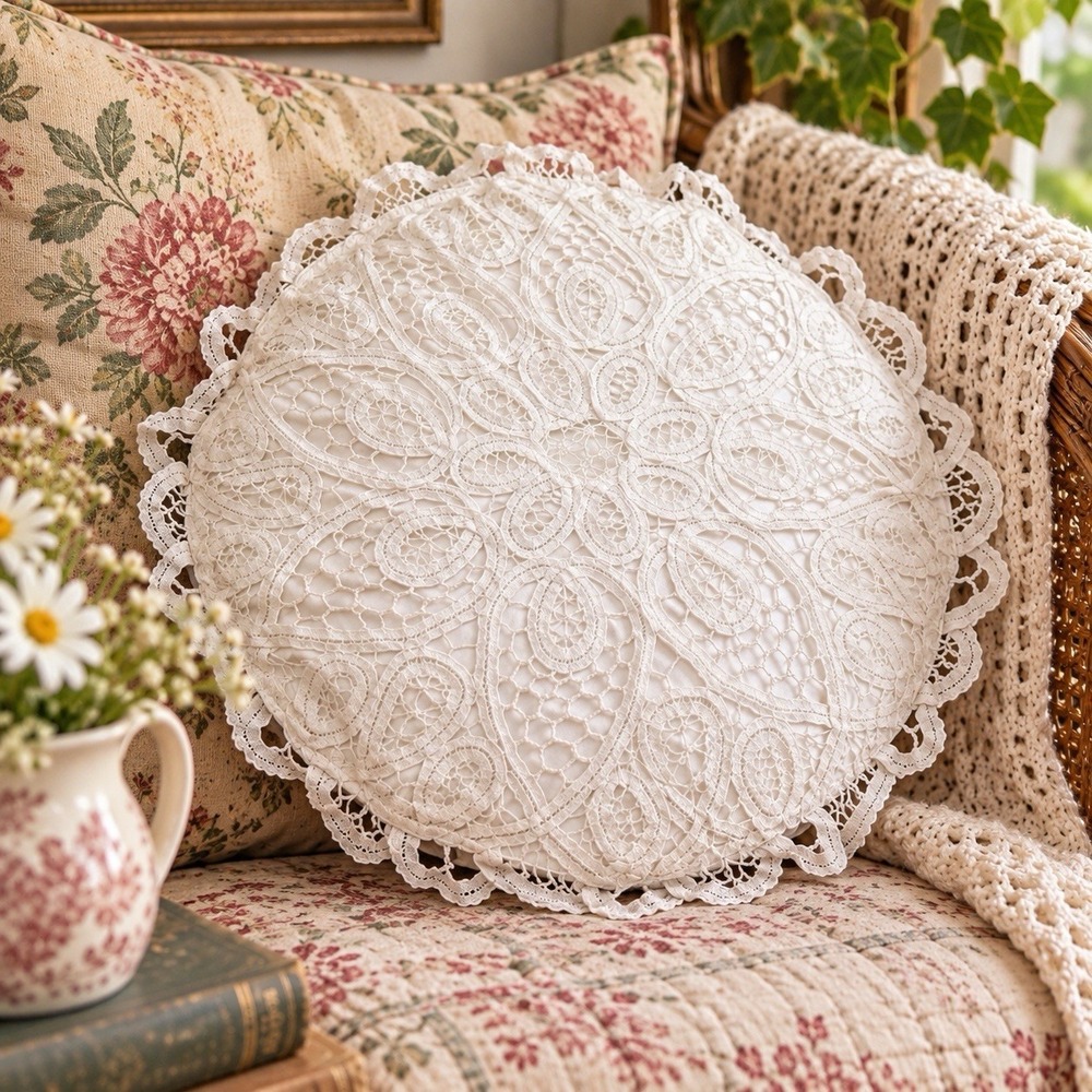 Vintage White Crochet Lace Pillow Sham Lined 14" Round Cottage Grannycore Decor
